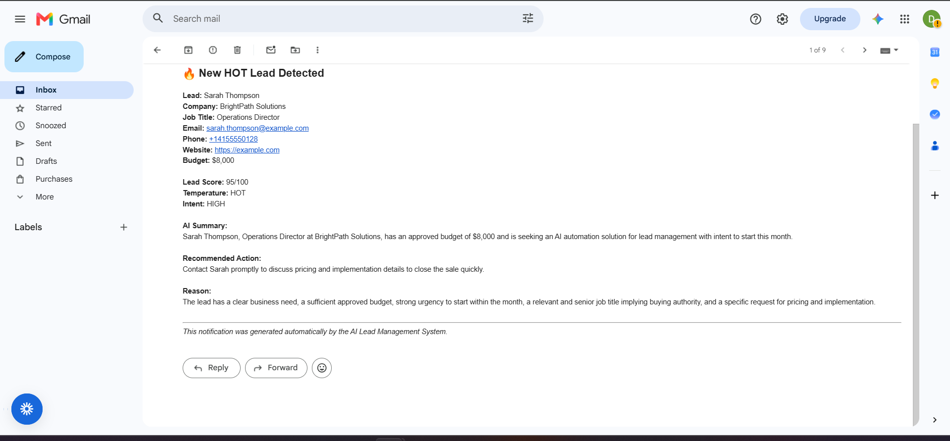 Automated hot lead Gmail notification