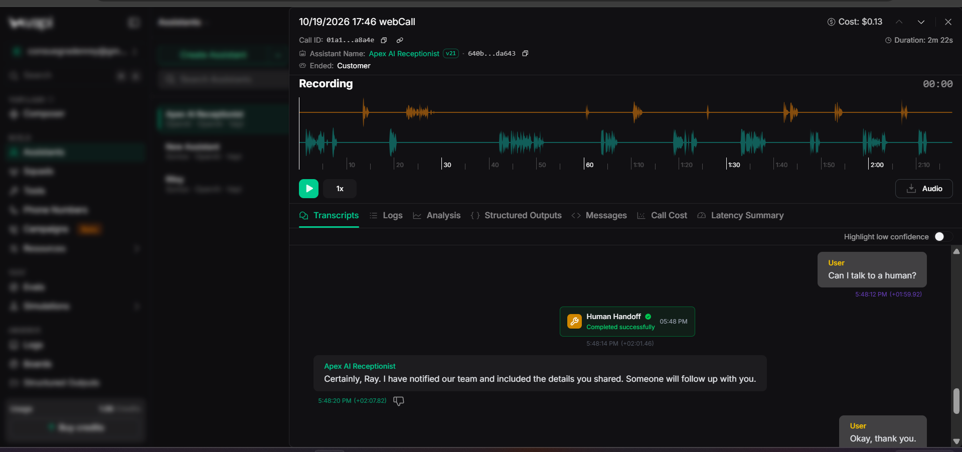 Vapi transcript where the caller asks to talk to a human and the Human Handoff tool completes successfully