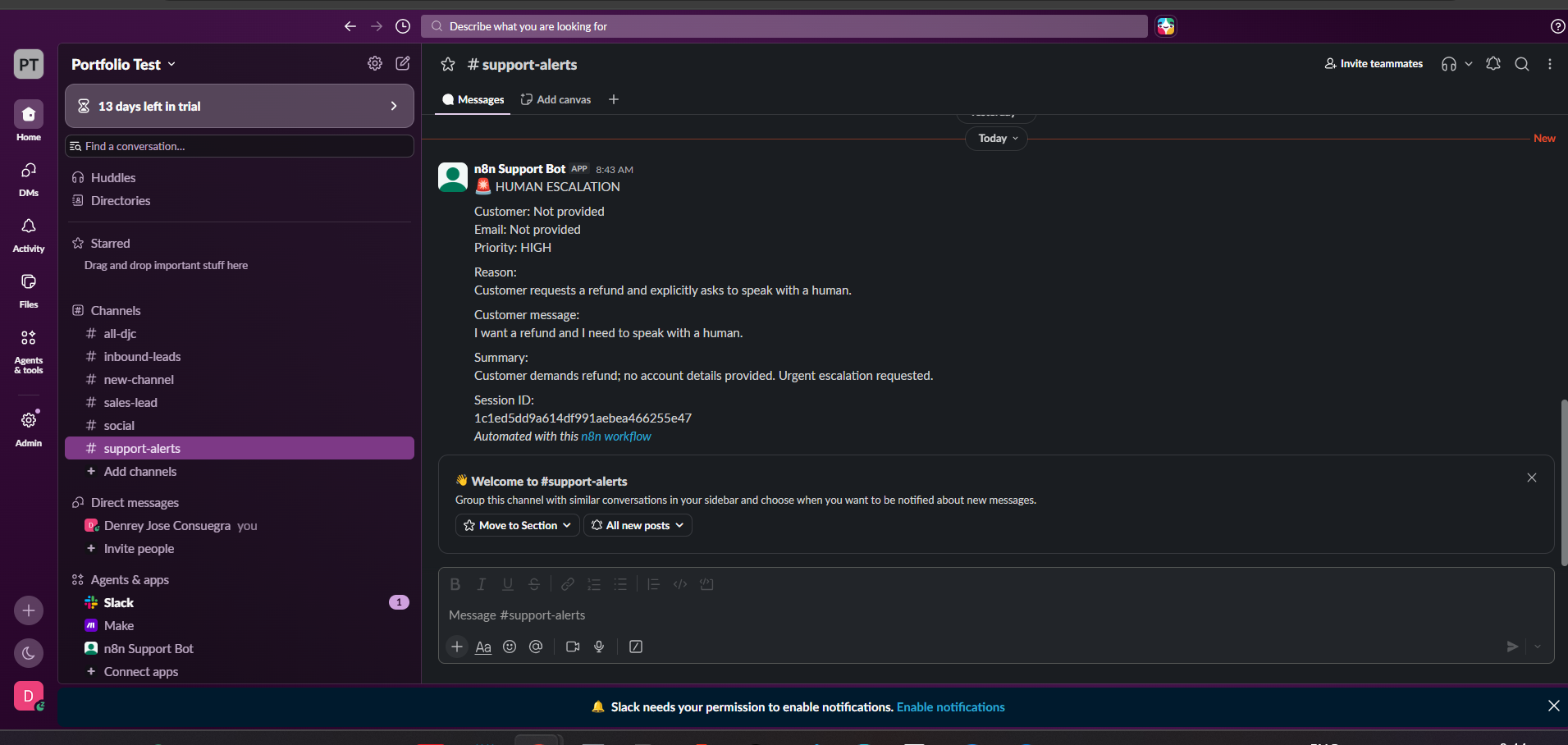 Slack human escalation alert